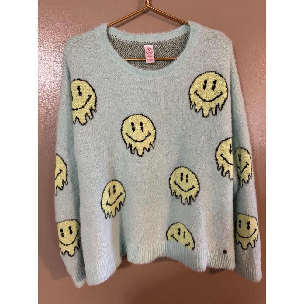 Justice Girls XL Plus Sweater Melting Smiley Faces Blue Crew Neck Fuzzy Soft